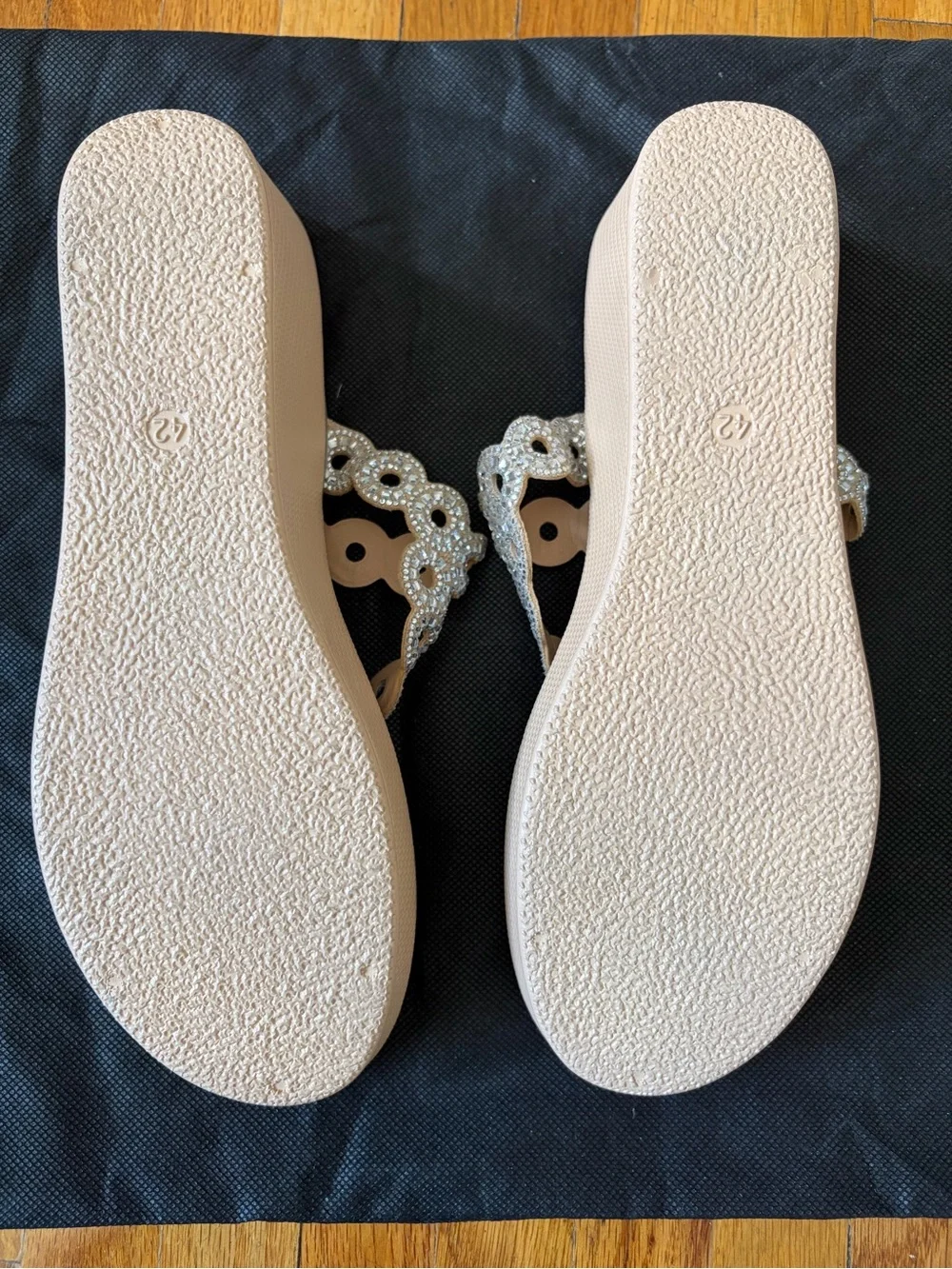 Women's Embellished Taupe Rhinestone Thong Wedge Sandals -